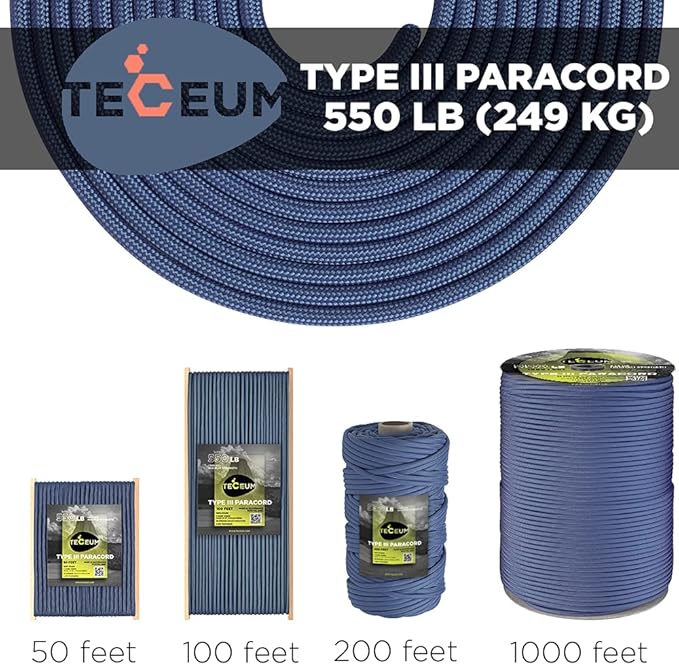 TECEUM 5/32" Paracord Rope 1000 – 1000ft / 200ft / 100ft / 50ft – Tactical Parachute Cord 4mm – 45+ Colors – Nylon String for Survival & Camping Gear – Stripe Cord for Survival – Utility Rope