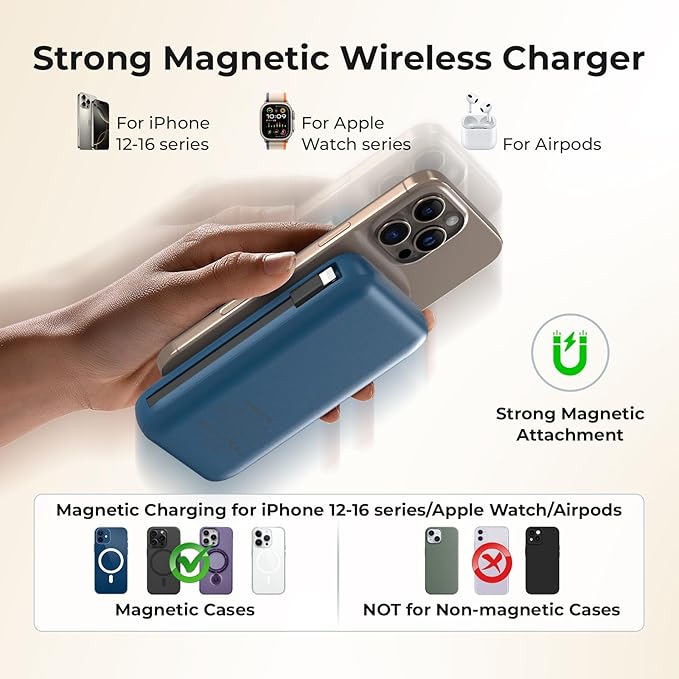 Magnetic Portable Charger 26800mAh for iPhone 16/15/14/13/12 with Built-in Cables，6-in-1 Wireless Power Bank with iWatch Charger and Compatible with Samsung, Android Phones, AirPods(Blue)