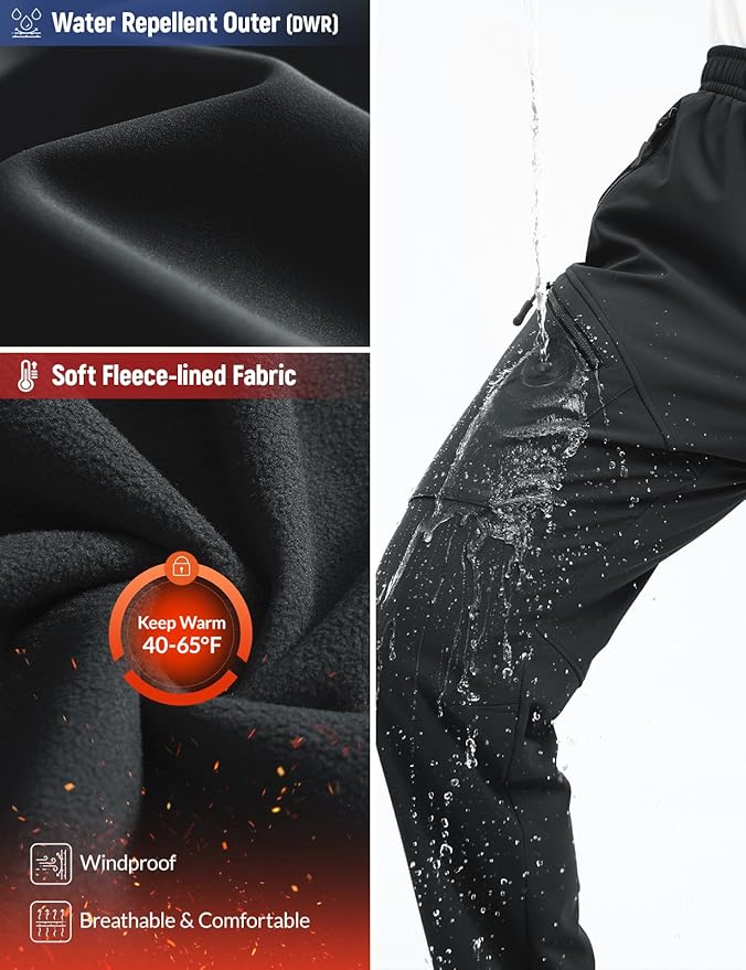 baleaf Men's Fleece Lined Hiking Cargo Pants Softshell Water Resistant Snow Thermal Pants Winter Insulate with Zipper Pocket