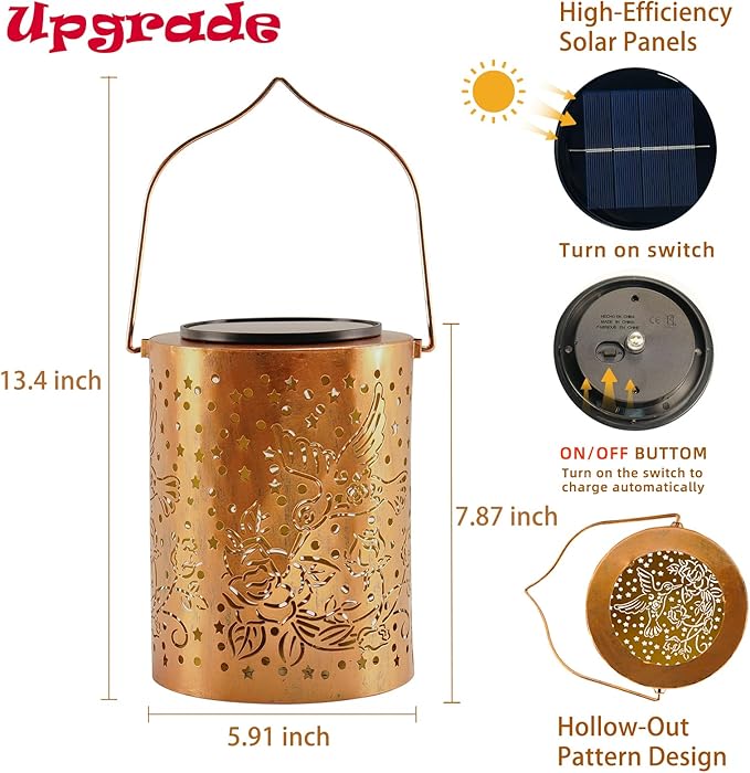 Hummingbird Solar Lantern Outdoor Waterproof, Large 13.4" Metal Hanging Decorative Lantern, Upgraded Solar Panel & 2000mAh Battery, Warm Glow Lighting for Garden – Seasonal Gift for Nature Lovers