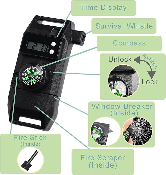 5/8 Inch Compass Flint Scraper Fire Starter Whistle Buckle Paracord Bracelet Outdoor Camping Emergency Survival Travel Kits