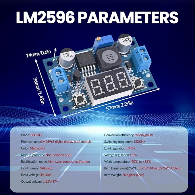 LM2596 Adjustable DC-DC Step-Down Buck Converter Module with LED Voltmeter Display, Voltage Regulator 4.0-40V Input to 1.25-37V Output Power Supply Module (Pack of 10)