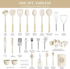 Kikcoin 43Pcs Large Kitchen Utensils Set - Silicone Cooking Utensils Set, Dishwasher Safe Spatula Set for Non-stick Cookware, 446°F Heat Resistant Kitchen Utensils Set with Holder BPA Free, Cream