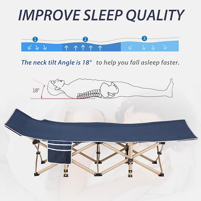 Folding Camping Cot for Sleeping, Portable Cots for Adults, Heavy Duty Cot Bed 550LBS(Max Load), Extra Wider Cots with Large Pocket for Outdoor, Office, Beach