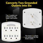 6-Outlet Extender, 3-Prong Ground Wall Tap Adapter with Safety Cap & LED Guide Light, Cruise Essentials, Multiple Plug Electrical Outlets Splitter for Home, Office, Dorm Room, ETL Listed, White