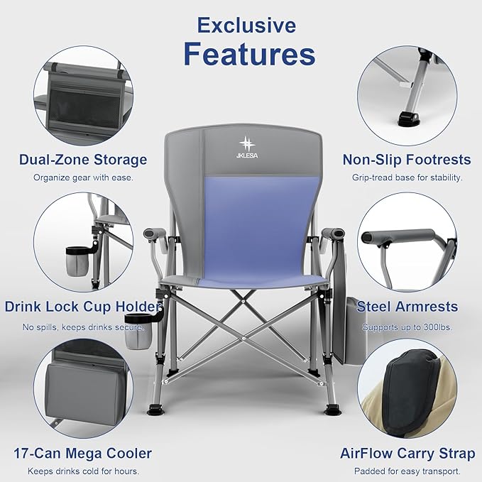 XL Heavy Duty Camping Chair 396lb Capacity (525lb Max) – Waterproof 1680D Oxford Fabric, 2" Padded Seat & Back, Cup Holder, Cooler Pocket, Portable for Camping, Beach & Tailgating (Slate/Navy)