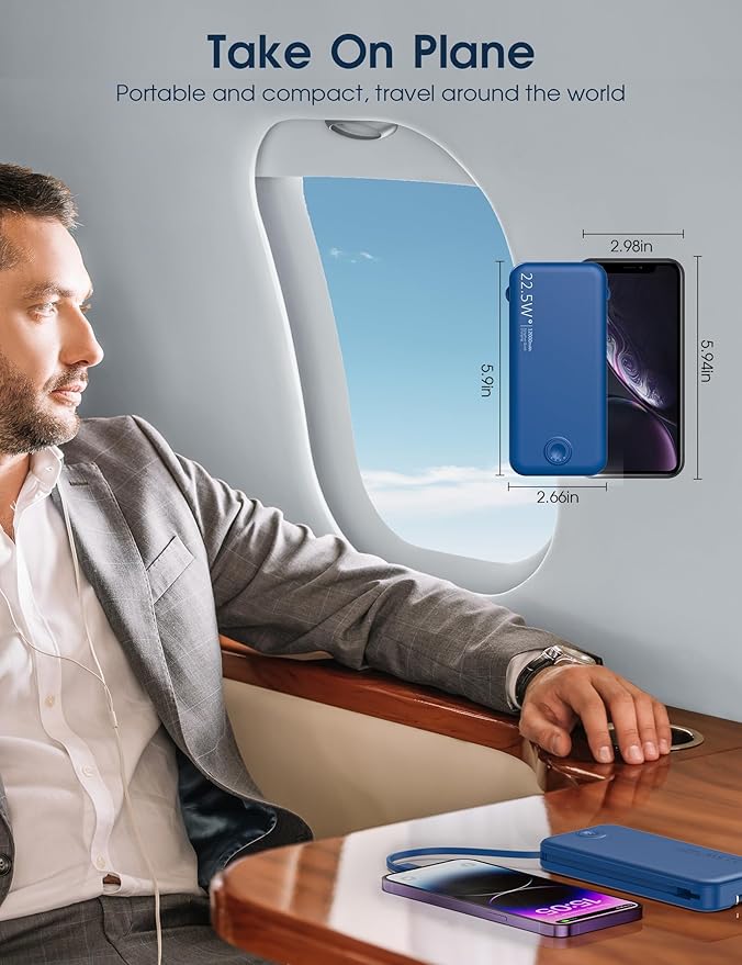 Portable Charger with Built in Cable and AC Wall Plug, USB C Power Bank 12000mAh 22.5W Super Fast Charging, Lightweight Portable Phone Charger Travel Battery Pack for iPhone, Samsung, Tablets (Navy)