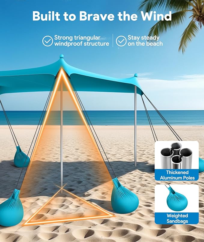 Beach Tent Sun Shelter, 10 x 10 FT Beach Canopy Tent Sun Shade, UPF50+ Tents Canopy with 8 Sandbags & 4 Stability Poles, Outdoor Tents for Camping Fishing, Light Blue