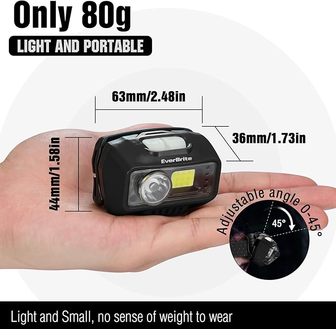 EverBrite Rechargeable Headlamp, LED Bright Motion Sensor Head Lamp Flashlight with 9 Modes, Adjustable Headlight for Adults with White Red Light, Water Resistant, Black, for Hiking, Running, Camping