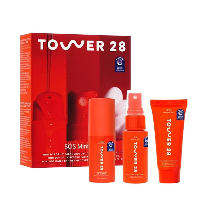 Tower 28 SOS Skincare Minis Travel Kit - Mini SOS Facial Spray, Barrier Recovery Face Cream, + Gel Cleanser - Facial Skin Care Products for Sensitive Skin - TSA Approved Travel + Gift Set (3 Count)