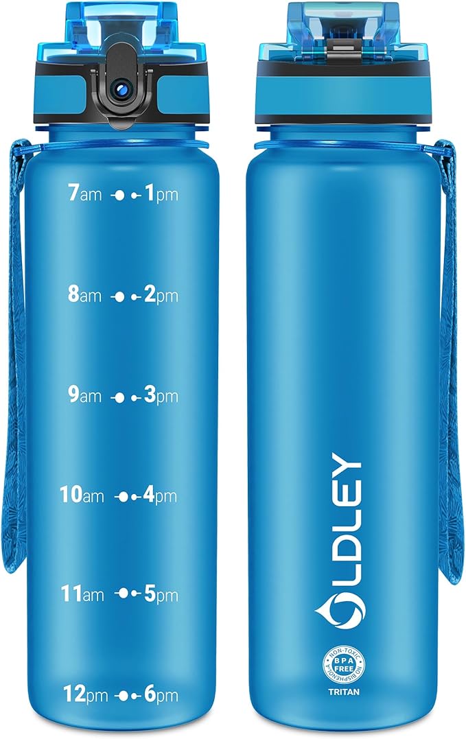 OLDLEY 32 oz Motivational Water Bottle with Time Marker, Sports Water Bottle With Strap, Leakproof & BPA Free Large Water Bottle for School, Gym, Travel, Outdoor, Tritan, Blue