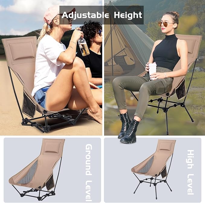 Folding High Back Camping Chair, Portable Lightweight Beach Chair with Headrest, Adjustable Height Backpacking Portable Compact Picnic Chair for Camp Hiking, Khaki