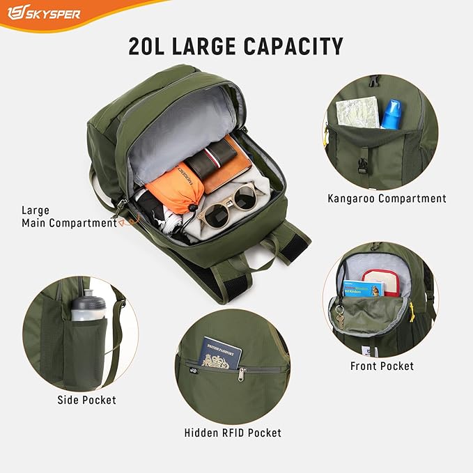 SKYSPER Small Hiking Backpack for Men Women 20L RFID Packable Daypack Ultralight Foldable Back Pack Lightweight Collapsible Travel Day Pack