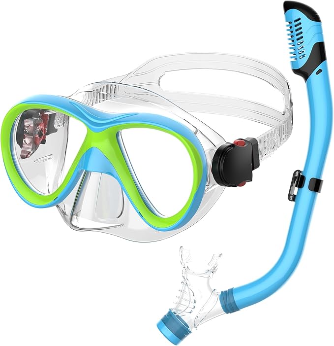 Kids Snorkel Set, Dry Top Snorkeling Gear for Kids, Diving Mask for Youth Boys Girls Age 5-15, Tempered Glass Swimming Goggles Combo Set, Anti-Fog Panoramic View Kids Snorkel Set
