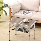 Folding Table, 3 Adjustable Heights, Camping & Outdoor Folding Table with Storage Mesh Layer, Portable for BBQ, Patio, Garden & Indoor (Brown)