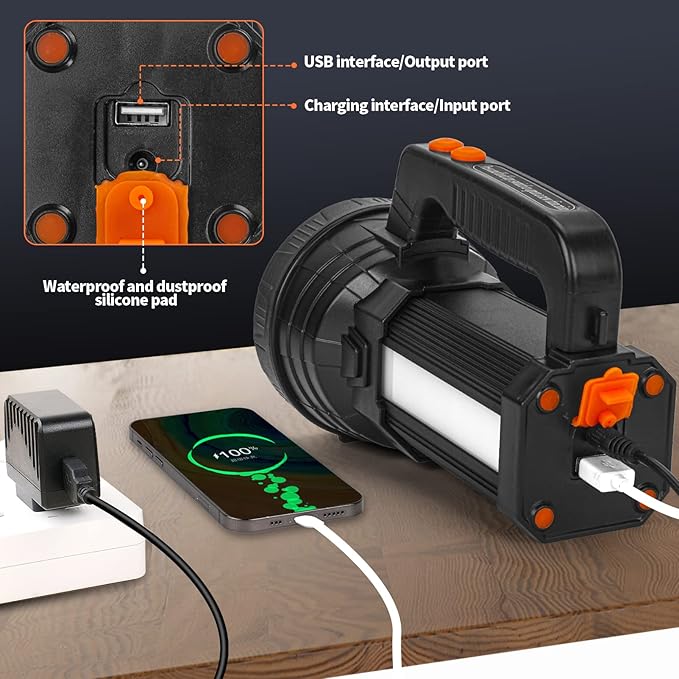 Superbright Handheld LED Spotlight Flashlight Powerful Searchlight USB Rechargeable Lantern with Power Bank Function Portable Camping Emergency Light (White Light)