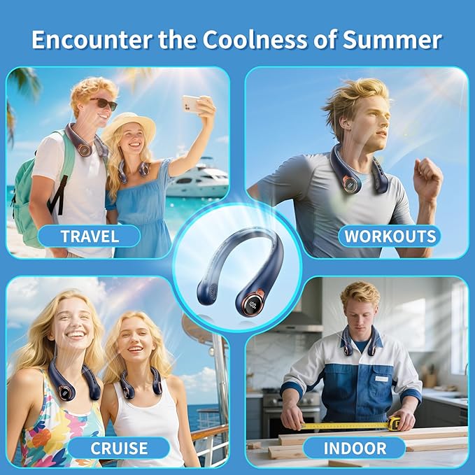 Portable Neck Fan with 6000mAh USB - Rechargeable Battery, 360° Cooling Wearable Fan, 3 Speeds, Ultra-Light Bladeless Neck Fan LED Display (Blue)