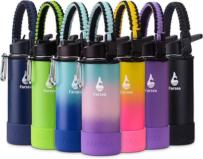 Farsea Insulated Water Bottle With Paracord Handle, Protective Boot and 2 Lids (Straw Lid & Spout Lid), Stainless Steel Water Bottle Wide Mouth, Double Wall Sweat-Proof BPA-Free, 18 oz