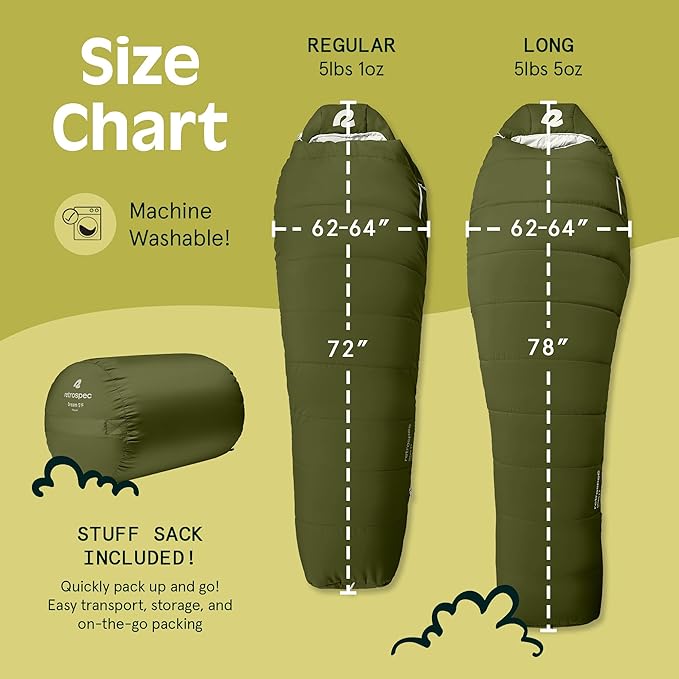 Retrospec Dream Sleeping Bag - 5, 15, 30 Mummy for Camping, Insulated Cold Weather, Lightweight Stuff Sack, Water-Resistant, Adjustable Draw Cords, Adult