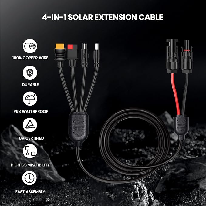 Universal 4-in-1 Solar Connector Kit, 16 AWG to Anderson XT60 DC7909 DC5521 Solar Extension Cable Solar Adapter Cable Compatable for Solar Panel & Most Solar Power Staion (2M/6.6Ft)