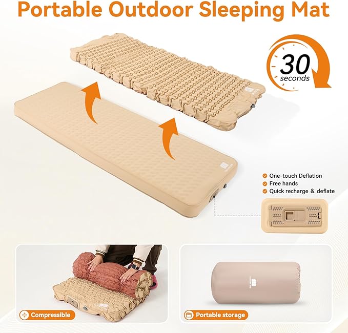 Self Inflating Sleeping Pad with Electric Pump, 4" Ultra-Thick Memory Foam Single Sleeping Mats, Easy Inflate& Deflate, 9.5 R-Value Insulated Camping Mattress Pad for Camping, Travel (Khaki)