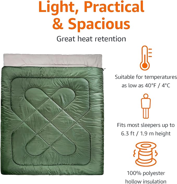 Amazon Basics 40°F Cool Weather Two-Person Sleeping Bag, 87 Inches x 59 Inches, Olive Green