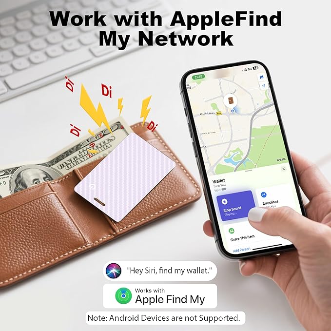 [Apple MFi Certified] Wallet Tracker Card with Apple Find My (iOS Only) Rechargeable Air Tracker Tags Bluetooth Wallet Finder IP68 Waterproof GPS Tracker Item Finder for Keys, Bags, Passport Purple