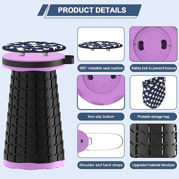 ALEVMOOM 2025 Upgraded 18.1" Collapsible Stool with Cushion & Carry Bag, 600lbs Max Weight Portable Telescoping Stool, More Sturdy Lightweight Retractable Seat Folding Chair for Camping & Outdoors