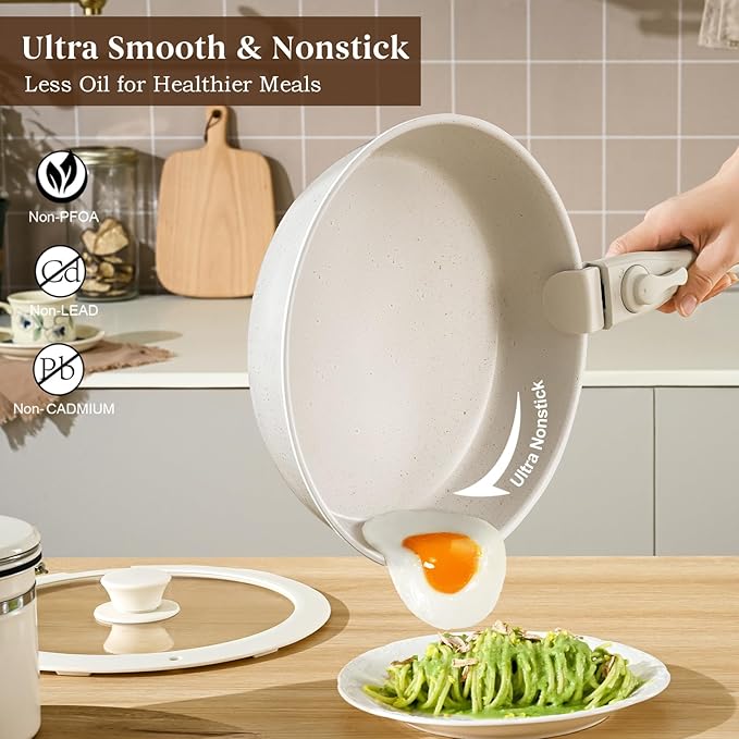 20 Pcs Pots and Pans Set Non Stick, Stackable Cookware Sets with Detachable Handle, Granite Induction RV Kitchen Portable Cooking Set Removable Handles, Dishwasher ＆ Oven Safe, Cream White