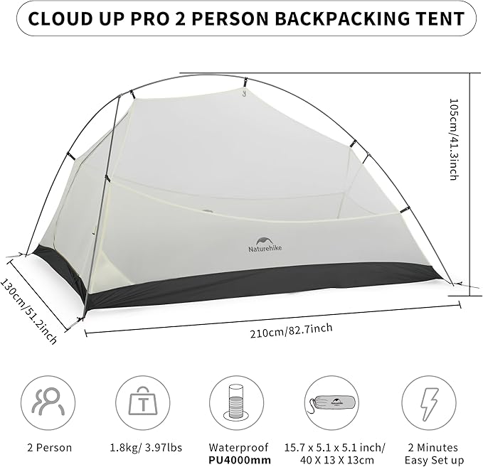 Naturehike Cloud-Up 2 Person Tent Lightweight Backpacking Tent with Footprint - Free Standing Ultralight Camping Hiking Backpack Tents Two Person Tent