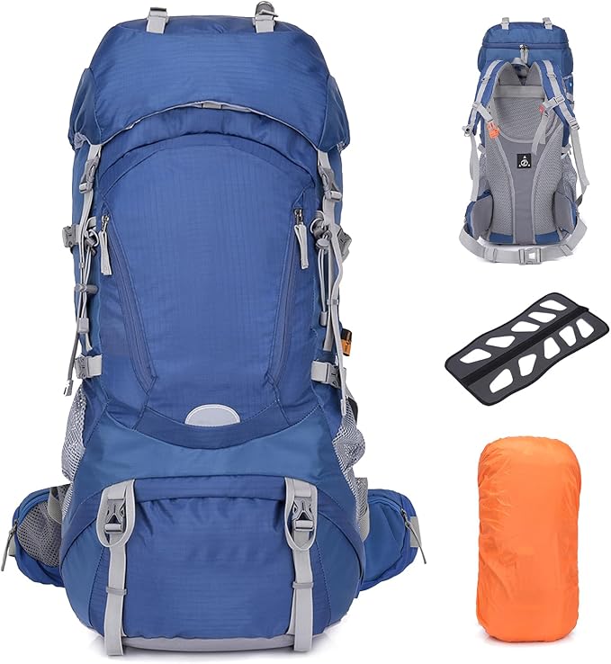 60L Lightweight Internal Frame Backpacking Hiking Backpack with Rain Cover for Men Women, Large Travel Backpack, Blue