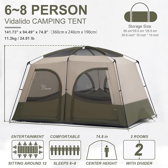 Vidalido Tents，6-8 Person Camping Tent with Extended Vestibule，2 Room Weather Resistant Family Tents，Easy Install Waterproof Outdoor Tent for Backpacking and Camping Hiking