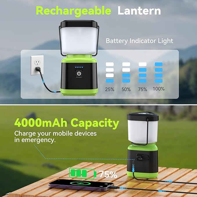 AlpsWolf Camping Lantern Rechargeable, 4 Modes Stepless Dimming LED Lantern, Rechargeable Lantern for Power Outages, IPX4 Waterproof Portable Camping Light, Green 2 Packs