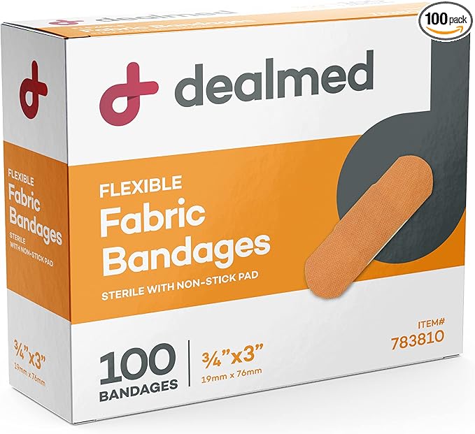 Dealmed Fabric Flexible Adhesive Bandages – 100 Count (1 Pack) Bandages with Non-Stick Pad, Latex Free, Wound Care for First Aid Kit, 3" x 3/4"