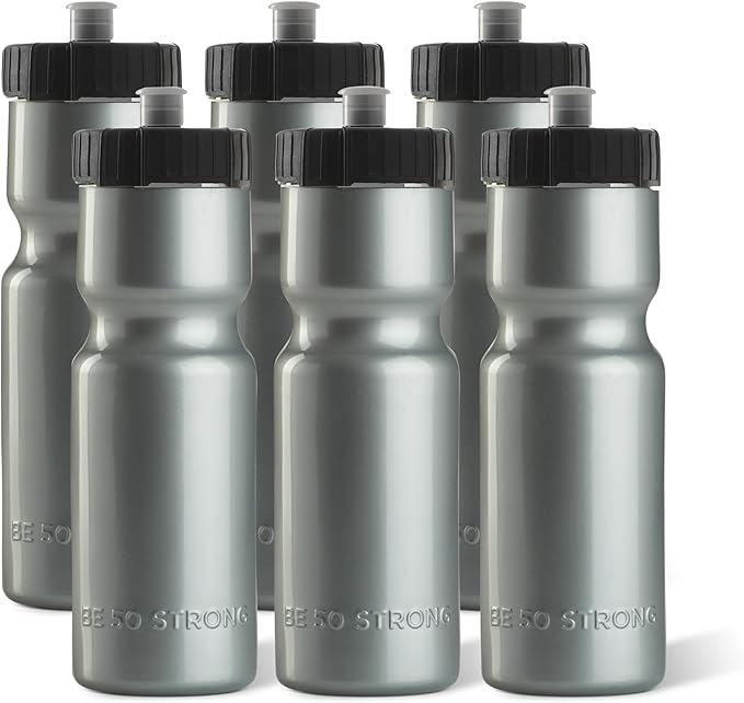 50 Strong Sports Water Bottles – Reusable 22 oz BPA-Free Plastic Bottles with Pull Top Cap – Made in USA – Top Rack Dishwasher Safe – Fits Most Bike Cages Brand