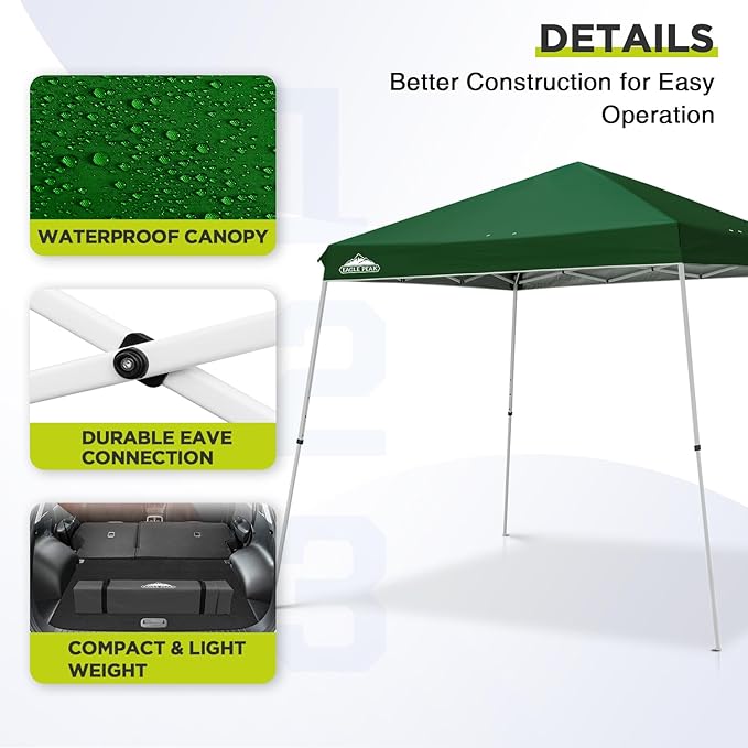 EAGLE PEAK 11x11 Slant Leg Pop-up Canopy Tent Easy One Person Setup Instant Outdoor Beach Canopy Folding Portable Sports Shelter 11' x 11' Base 9' x 9' Top (Green)