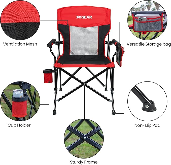 Camping Chair for Adults 350 LBS Support Camp Chair with Breathable Mesh Back Fabric with Arm Rest Cup Holder and Portable Carrying Bag
