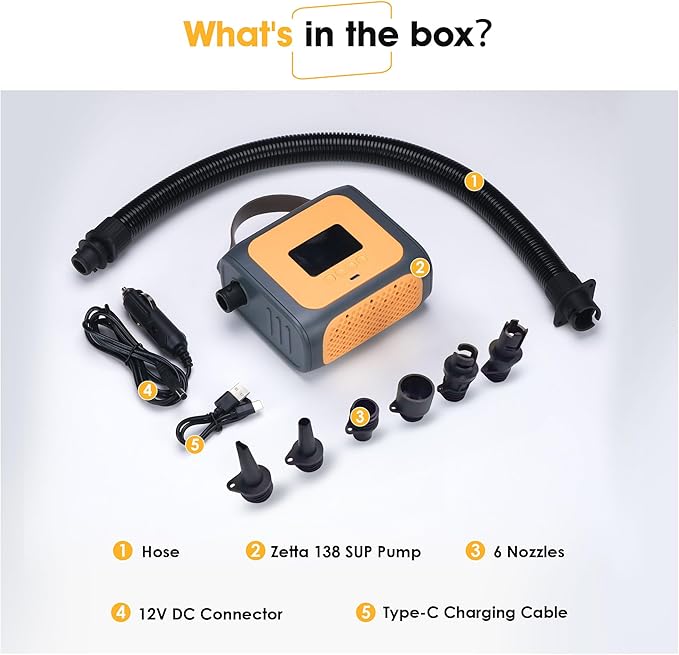 Zetta 138 SUP Pump 20PSI High Pressure Paddle Board Pump Quick Portable SUP Air Pump,Auto-Off &12V DC Car,6 Nozzles for for Inflatable Stand up Paddle Boards,Boats,Inflators