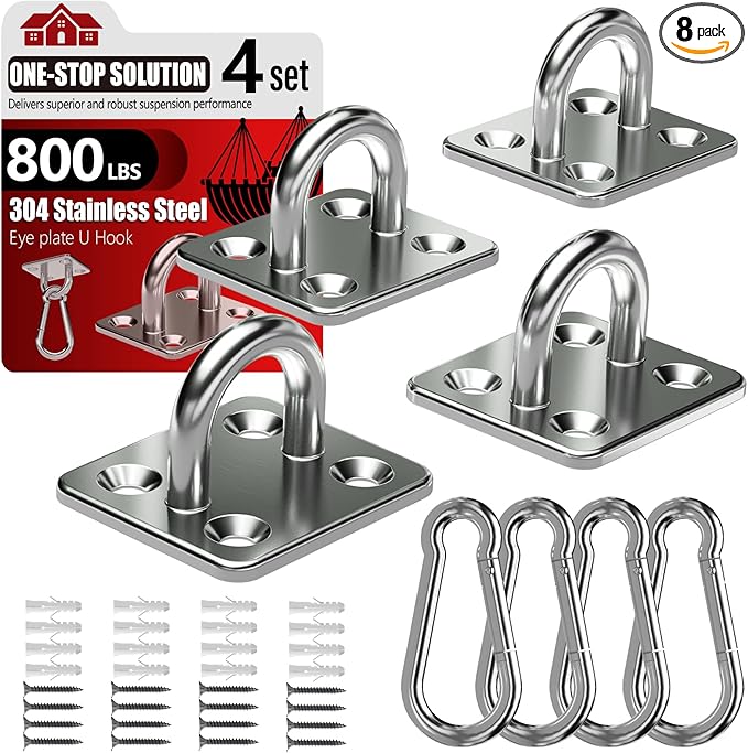 sprookber 304 Stainless Steel Pad Eye Snap Hooks, M6 Heavy Duty Ceiling Hooks, 800 lb Capacity Hammock Swing Hanging kit, Plant Hangers, Marine Hardware Staple Hook Loop with Screws, Set of 8