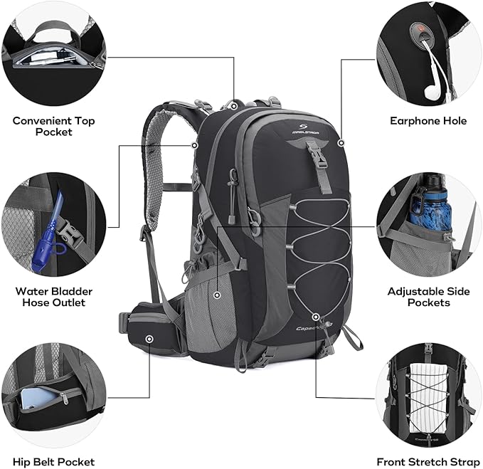 Maelstrom Hiking Backpack,Camping Backpack,50L Waterproof Hiking Daypack with Rain Cover,Lightweight Travel Backpack,Black