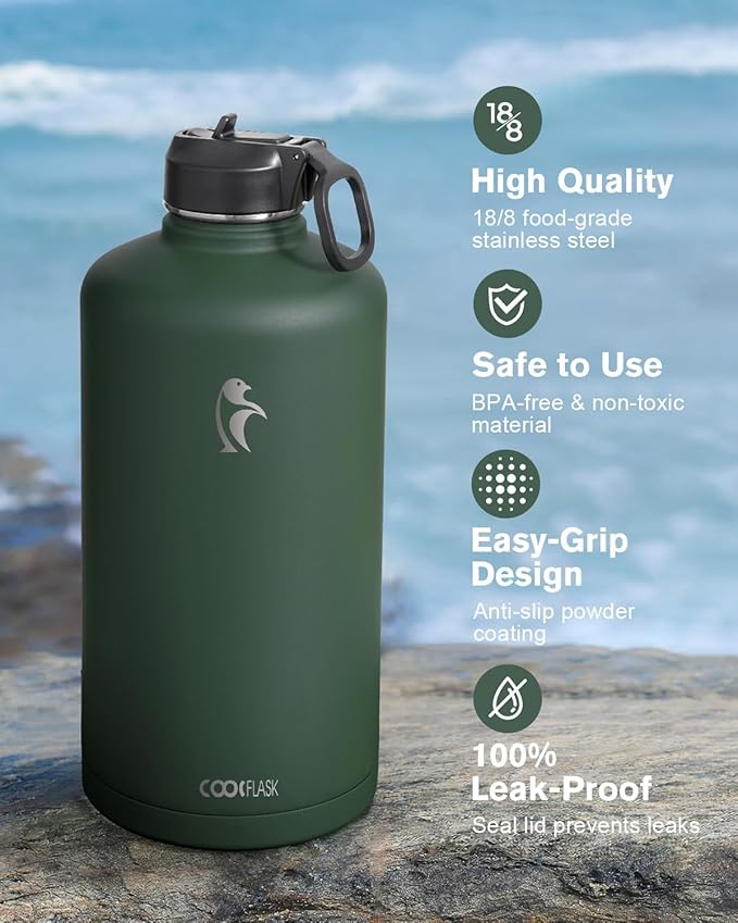 Coolflask 128 oz Gallon Water Bottle Insulated with Straw&3 Lids, Water Jug Large Stainless Steel Metal Vacuum Wide Mouth for Sports, Gym or Office, Non-BPA Keep Cold 48H Hot 24H, Dark Green