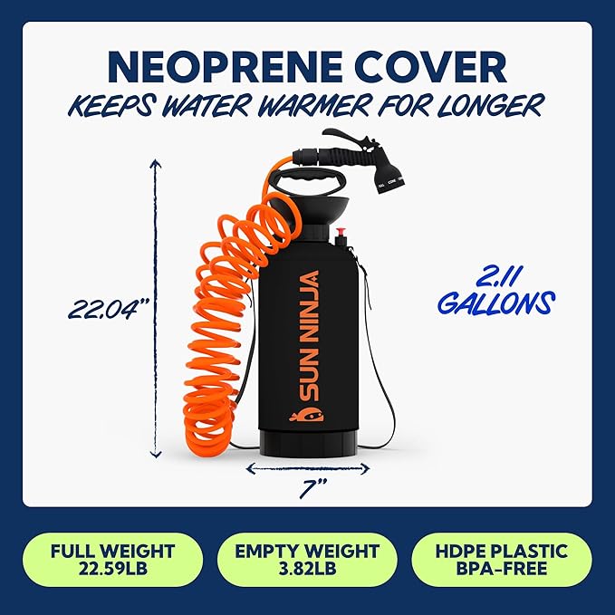 SUN NINJA Portable Shower, Camping Shower with 7 Mode Shower Head, Neoprene Cover Helps Keep Water Warm, High Pressure Hose, Easy to Carry