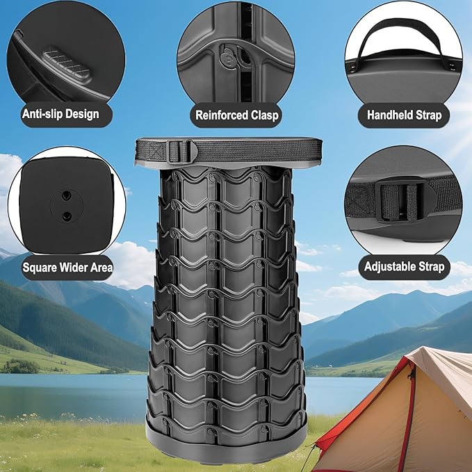 Fishboy Upgraded Square Collapsible Stool, 400lbs Max Weight, Lightweight But Sturdy, Portable Retractable Folding Telescoping Foldable Camping Stool for Adults Outdoor Fishing Hiking BBQ