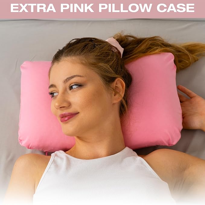Travel & Camping Comfortable Memory Foam Pillow – Easy to Carry Portable Bag – Temperature Regulating Pillow Case (Pink + Extra Cover)