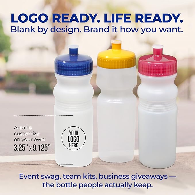 Rolling Sands USA Made 20 Ounce Sports Water Bottles - 6-Pack BPA-Free Blank Sports Bottles for Small Teams, Adults & Kids - White Bottle/Pink Lid, No Smell No Taste