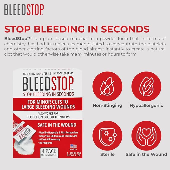 BleedStop™ First Aid Powder for Blood Clotting, Trauma Kit, Blood Thinner Patients, Camping Safety, and Survival Equipment for Moderate to Severe Bleeding Wounds or Nosebleeds 5 Pack 15g
