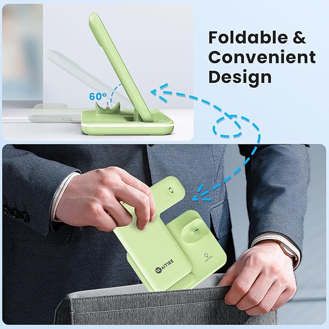 WAITIEE Wireless Charger 3 in 1 Charging Station for for iPhone 16 15 14 13 12 11 X 8 & for Apple Watch, for AirPods 1/2/3/Pro/Pro 2 with Lightning Charging Case(Green)