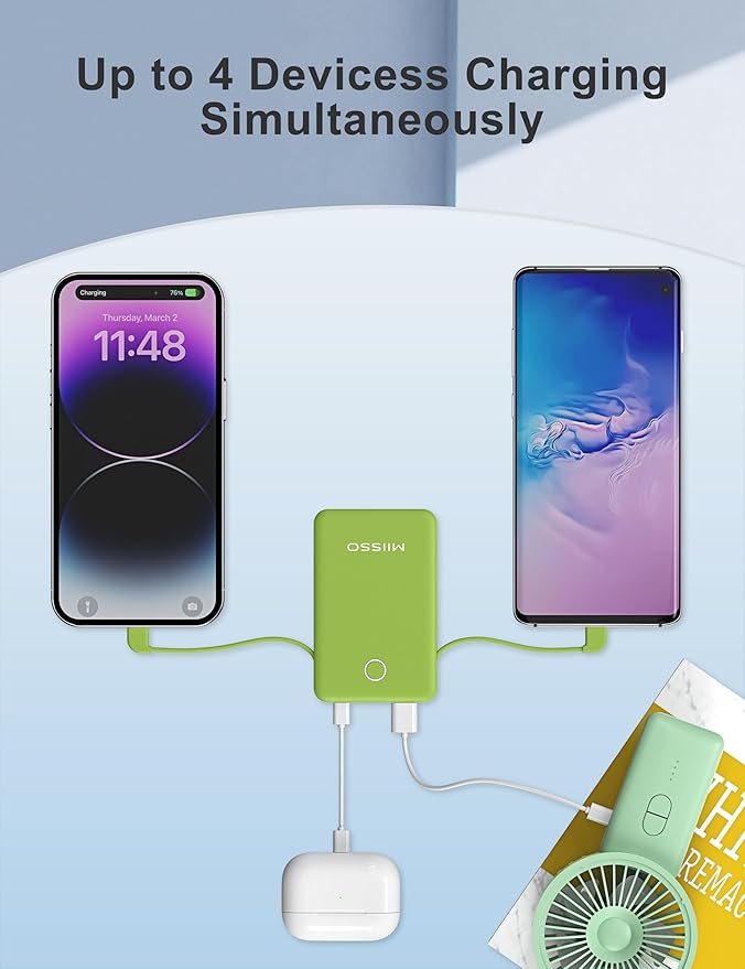 6000mah Ultra Slim Built in Cables Power Bank, Card Size Built in USB C Cords Battery Pack Portable Charger for Phones, 3 Output External Battery Pack Compatible with iPhone, Samsung, Deep Green
