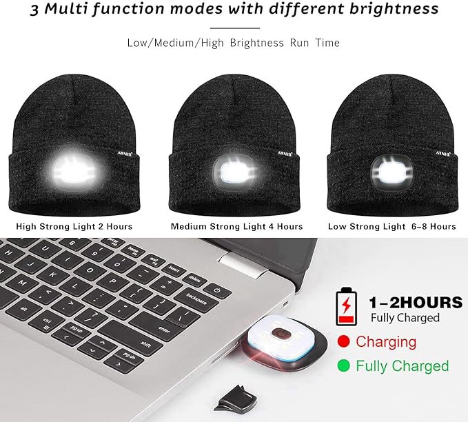 ATNKE LED Lighted Beanie Hat,USB Rechargeable 4 LED Running Headlamp Bright Cap with The Light Gifts for Men and Women