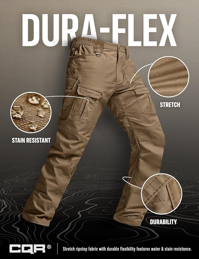 CQR Men's Flex Ripstop Tactical Pants, Water Resistant Stretch Cargo Pants, Lightweight EDC Hiking Work Pants